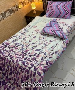Vibrant Single Size Printed 3 Pcs Vicky Razai Set with lightweight 500 GSM quilt, mix cotton bedsheet, and pillow cover for single bed warmth and style.