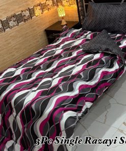 Stylish Single Size Razai Set with printed quilt, soft mix cotton bedsheet, and matching pillow cover, ideal for single beds and daily bedroom décor.