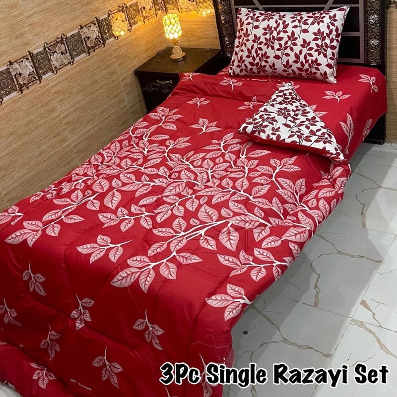Soft Single Size Printed 3 Pcs Vicky Razai Set with 500 GSM quilt, breathable mix cotton bedsheet, and pillow cover for single bed comfort in Pakistan.