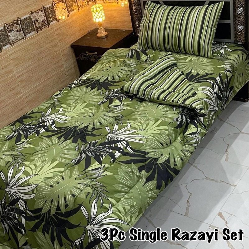 Premium Single Size Vicky Razai Set featuring soft 500 GSM quilt, breathable mix cotton bedsheet, and colorful printed pillow cover for stylish single bed décor.