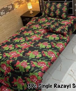 Bright and Stylish Single Bed Printed Razai Set with 3 pieces including warm 500 GSM quilt, soft mix cotton bedsheet, and pillow cover for daily use.