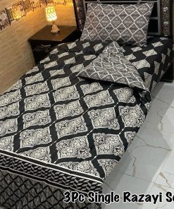 Affordable Single Bed 3 Pcs Razai Set with printed quilt, breathable mix cotton bedsheet, and pillow cover, perfect for home, hostel, or guest room use.
