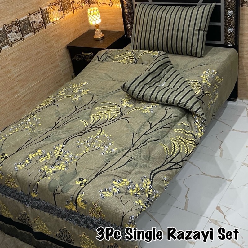 Elegant Single Size Vicky Razai Set with cozy 3 pieces including printed quilt, breathable mix cotton bedsheet, and pillow cover for daily use.
