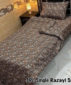 Premium Single Bed Printed Razai Set featuring soft 500 GSM quilt, breathable mix cotton bedsheet, and pillow cover for stylish single bed setup.