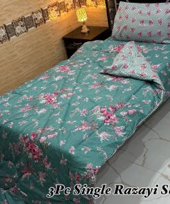 Soft Single Size Printed Razai Set with 3 pieces including warm 500 GSM quilt, mix cotton bedsheet, and pillow cover for stylish single bed décor.