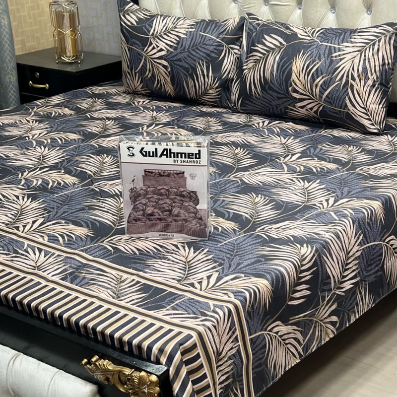 Gul Ahmed king size printed bedsheet cotton blend 3pc bedding set
