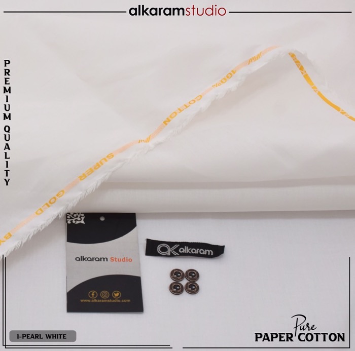 Alkaram Off White Men Unstitched Hard Paper Cotton Suit 4.5 Meter Supreme Finish Premium Summer Fabric