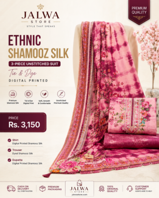 Ethnic Shamooz Silk 3 Piece Unstitched Tie and Dye Digital Printed Suit for Women