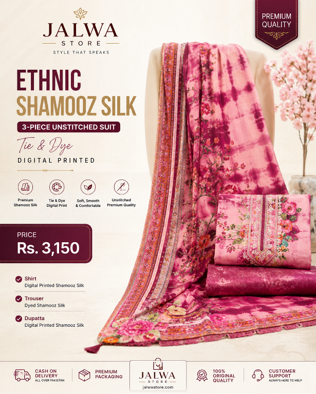 Ethnic Shamooz Silk 3 Piece Unstitched Tie and Dye Digital Printed Suit for Women