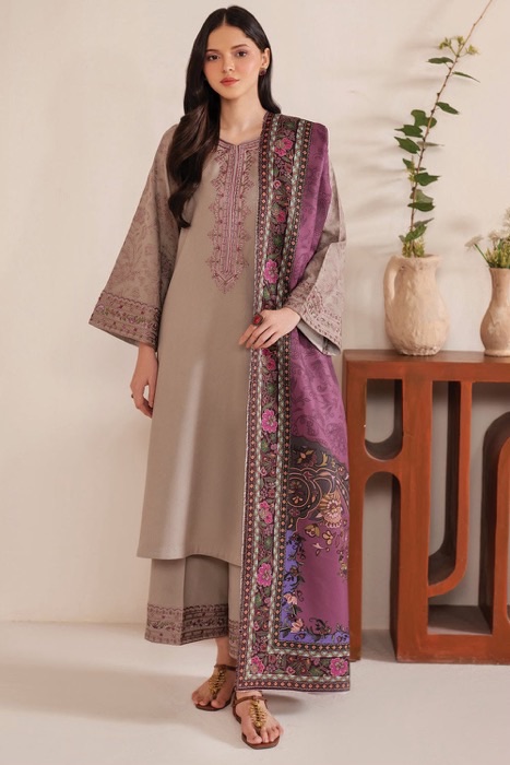 Front full view of Jazmin SK-704 winter dhanak unstitched 3 piece winter suit at Jalwa Store