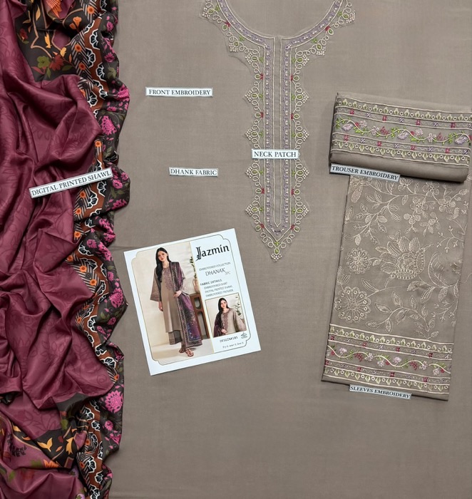 Coordinated dupatta drape and hem embroidery of Jazmin SK-703 winter dhanak Pakistani ladies collection