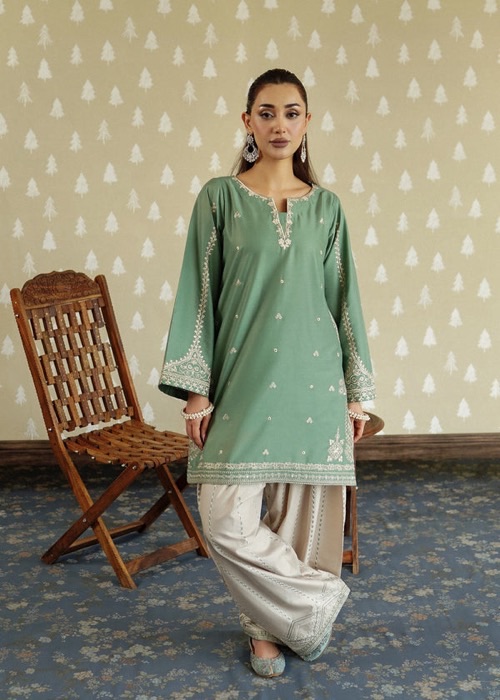 Chic Olive Sapphire Winter Dhanak 2PC Embroidered Suit featuring heavy neckline embroidery at Jalwa Store