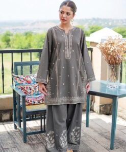 Stunning Rust Pure Dhanak Sapphire Winter 2-Piece Outfit featuring heavy neckline embroidery by Jalwa Store