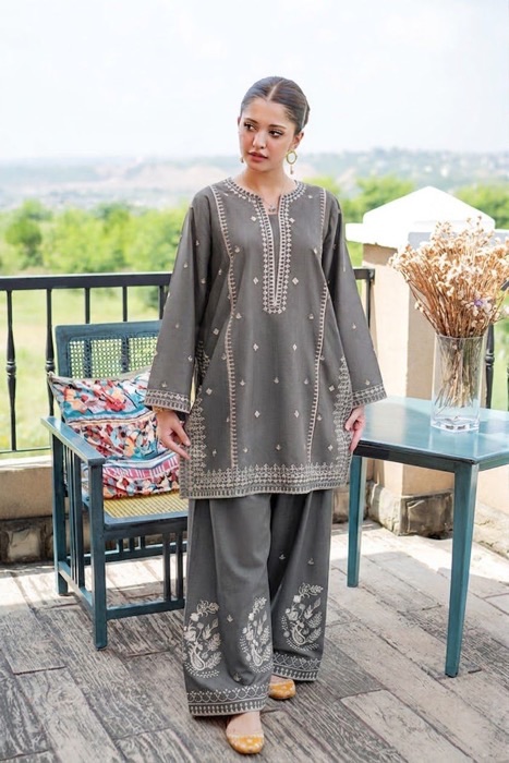 Stunning Rust Pure Dhanak Sapphire Winter 2-Piece Outfit featuring heavy neckline embroidery by Jalwa Store