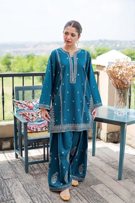 Classic Red Pure Dhanak Sapphire Winter 2-Piece Outfit featuring traditional Pakistani motifs - Jalwa Store Exclusive