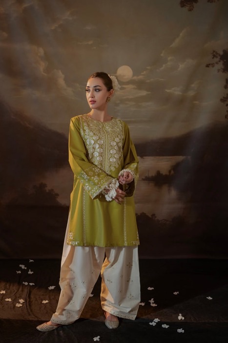 Luxurious Mustard 2PC Embroidered Sapphire Winter Dhanak Dress with matching trouser and shirt by Jalwa Store