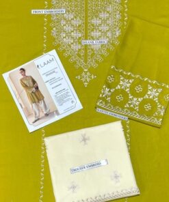 Luxurious Mustard 2PC Embroidered Sapphire Winter Dhanak Dress with matching trouser and shirt by Jalwa Store 