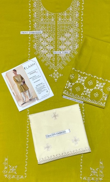 Luxurious Mustard 2PC Embroidered Sapphire Winter Dhanak Dress with matching trouser and shirt by Jalwa Store
