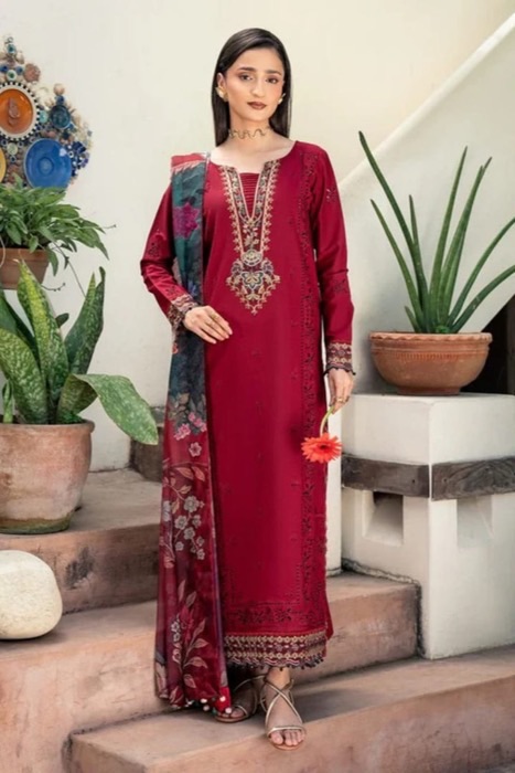 Front shirt and printed daman of Republic by womenswears SK-688 winter dhanak unstitched 3 piece winter suit at Jalwa Store