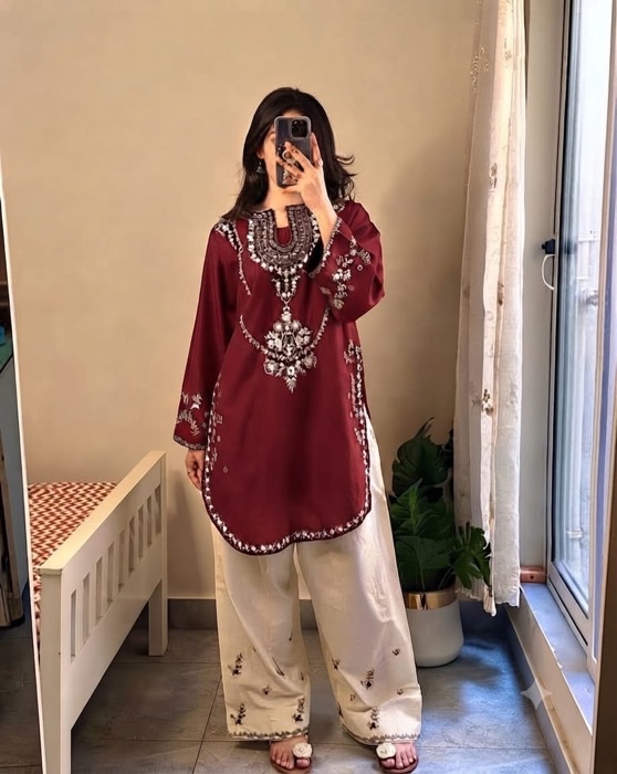 Beautiful 2PC Embroidered Sapphire Winter Dhanak Dress with floral embroidered details - Jalwa Store Exclusive