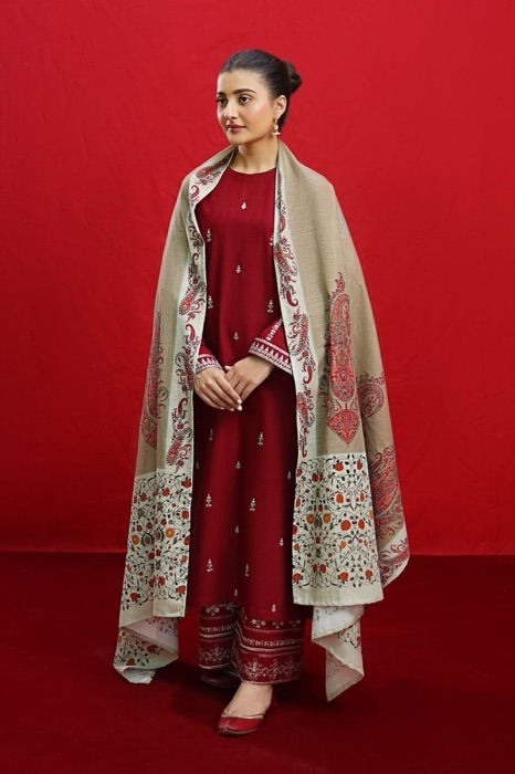 Coordinated dupatta drape and hem embroidery of Zara Shahjahan SK-685 winter dhanak Pakistani ladies collection