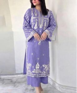 Trendy Rust Pure Dhanak Sapphire Winter 2-Piece Outfit featuring heavy neckline embroidery by Jalwa Store