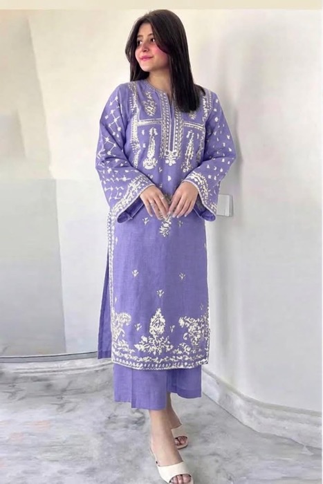 Trendy Rust Pure Dhanak Sapphire Winter 2-Piece Outfit featuring heavy neckline embroidery by Jalwa Store