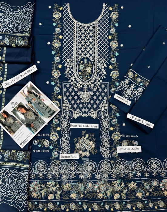Front shirt and printed daman of Jazmin SK-673 winter dhanak unstitched 3 piece winter suit at Jalwa Store