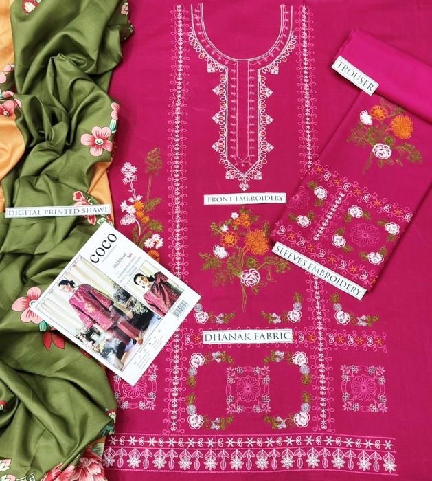 Overall model look of Mohagni SK-218 winter dhanak unstitched 3 piece winter suit at Jalwa Store