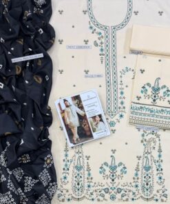 Front full view of Mohagni SK-217 winter dhanak unstitched 3 piece winter suit at Jalwa Store
