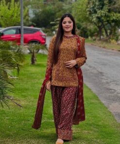 Indigo Chunri Print Women Warm Winter Fabric Kameez Shalwar Dupatta Set for Winter Season in Pakistan
