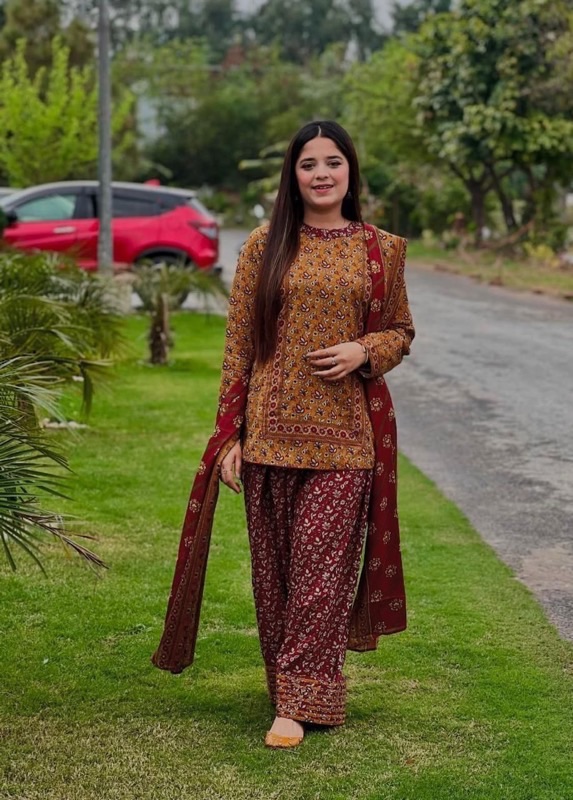 Indigo Chunri Print Women Warm Winter Fabric Kameez Shalwar Dupatta Set for Winter Season in Pakistan