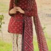 Red Geometric Print Women Linen Kameez Shalwar Dupatta for Winter in Pakistan