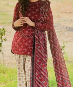 Red Geometric Print Women Linen Kameez Shalwar Dupatta for Winter in Pakistan