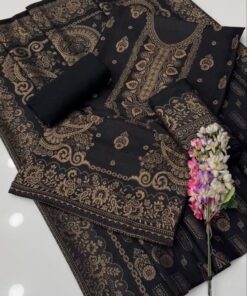 Navy Blue Floral Print Women Dhanak Winter Dress for Winter in Pakistan