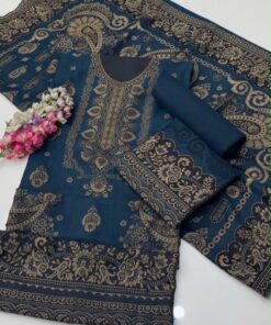 Navy Blue Floral Print Women Winter Fabric Winter Dress for Winter in Pakistan