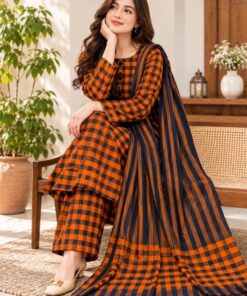 Red Traditional Print Women Linen 3 Piece Suit for Winter in Pakistan
