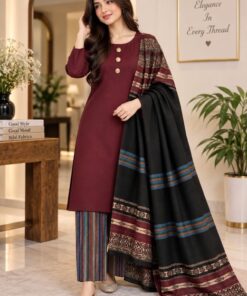 Olive Classic Pattern Women Linen Kameez Shalwar Dupatta for Winter in Pakistan