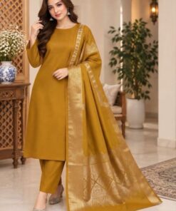 Brown Traditional Print Women Winter Fabric 3 Piece Suit for Winter in Pakistan