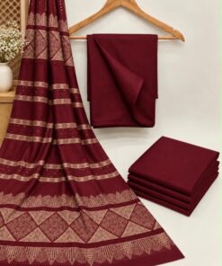 Plum Traditional Print Women Linen Kameez Shalwar Dupatta for Winter in Pakistan