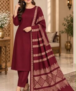 Brown Classic Pattern Women Linen Kameez Shalwar Dupatta for Winter in Pakistan